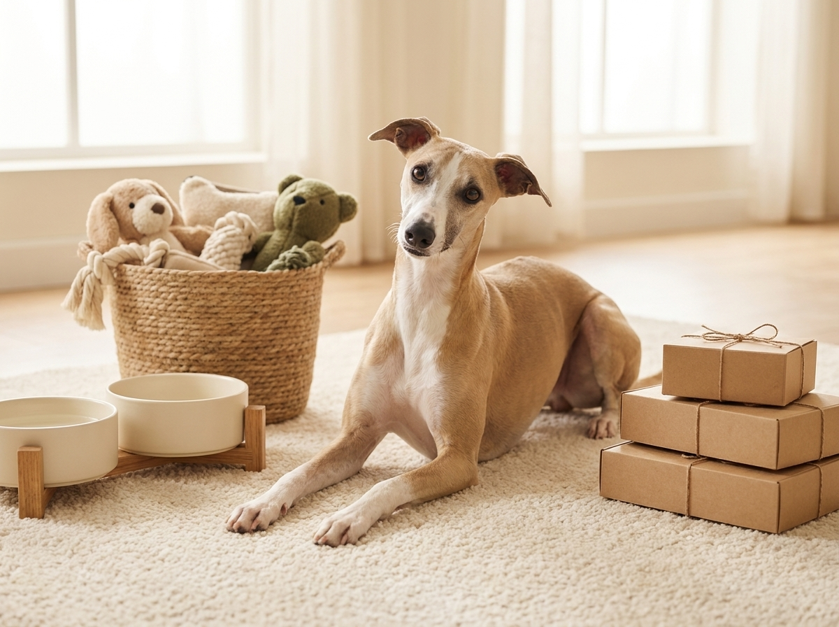 Everyday essentials — whippet with toys, bowls and treats