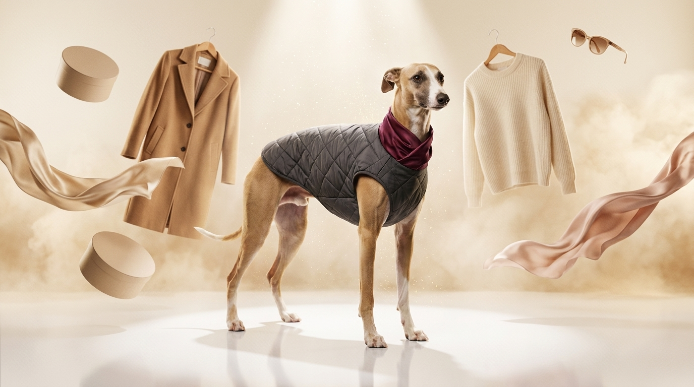 Dog Wear — whippet with floating luxury garments